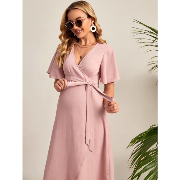 Maternity Flutter Sleeve Belted Wrap Dress pink - Picture 5 of 8